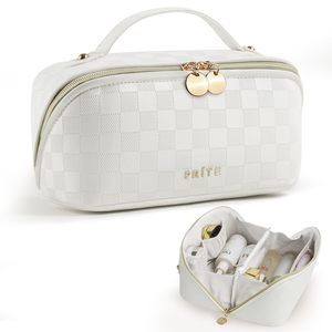 Makeup Bag For Women Travel Waterproof Vegan Leather Cosmetic Bag Open Flat🐺